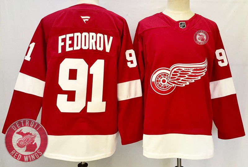 Men Detroit Red Wings #91 Fedorov Red Fanatics 2025 NHL Jersey style 4